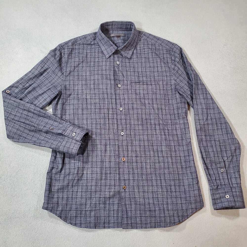 John Varvatos Shirt Men Small Blue Textured Plaid Slim Fit Casual Button Up